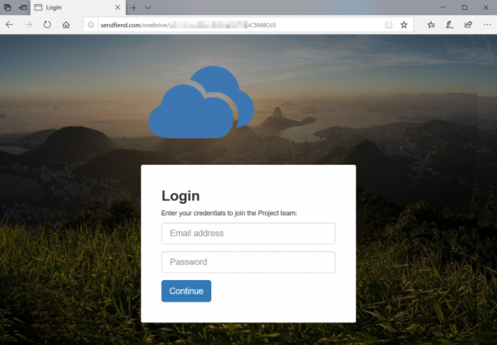 The attacker’s phishing page, on their own URL.