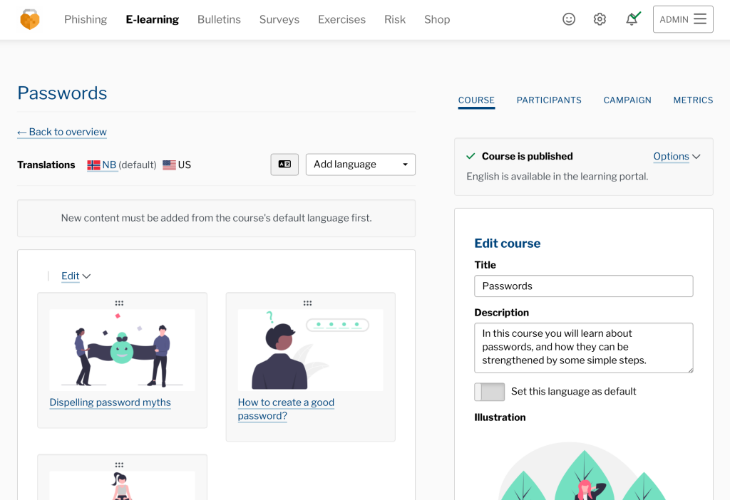 Screenshot showing password management courses in the Secure Practice platform.