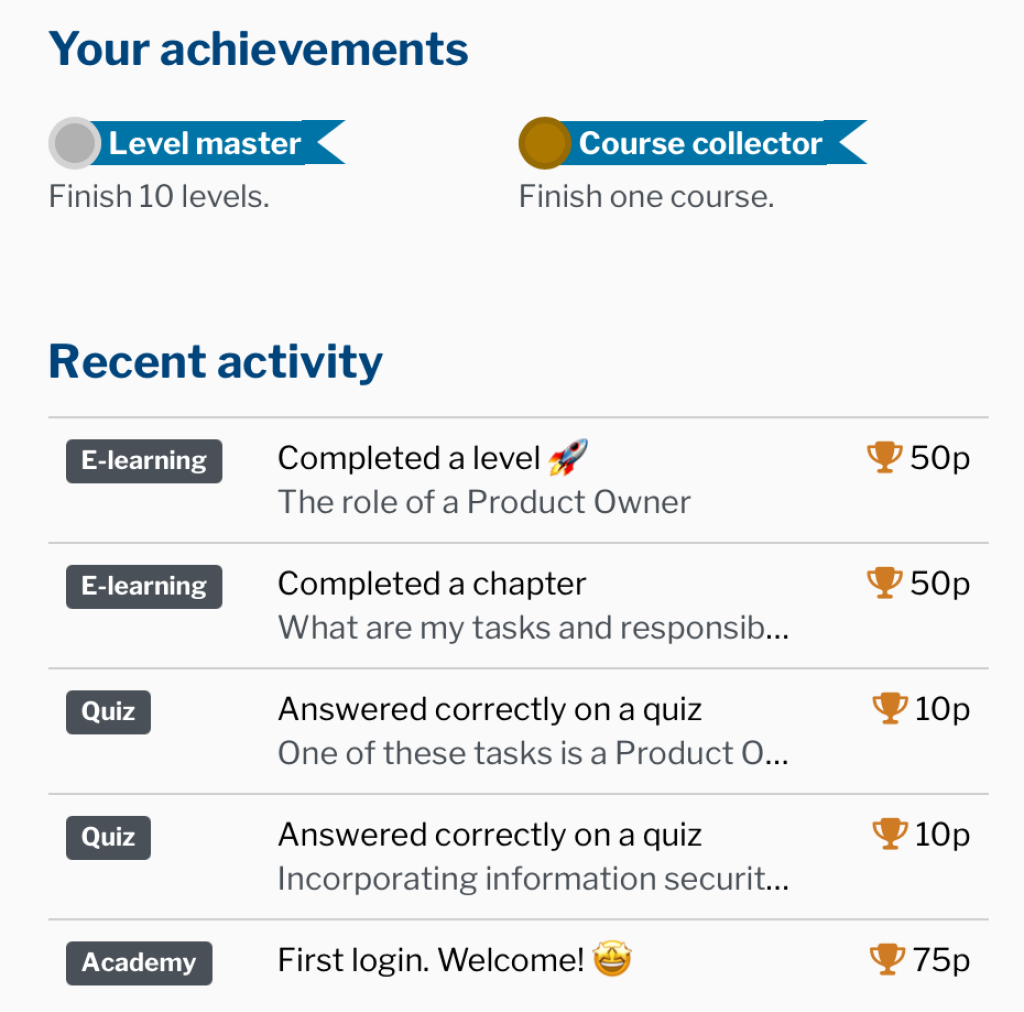 Screenshot showing a user’s recent achievements and points in the Secure Practice platform.