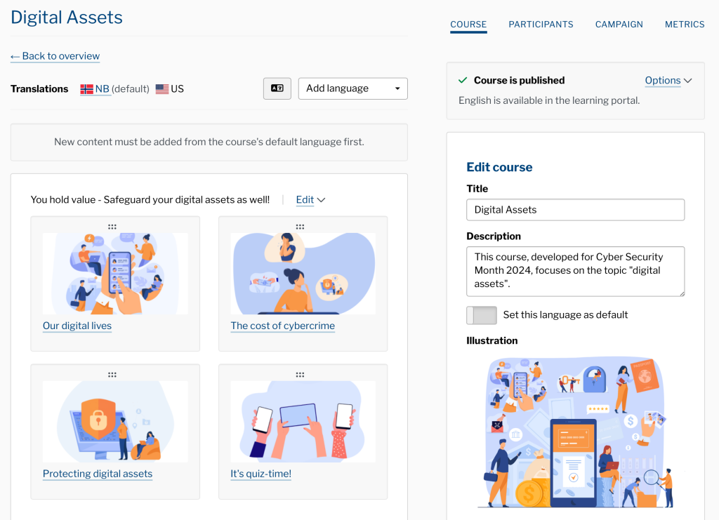 Screenshot from the Secure Practice learning dashboard, showing the options an editor has to add, translate and manage learning content.