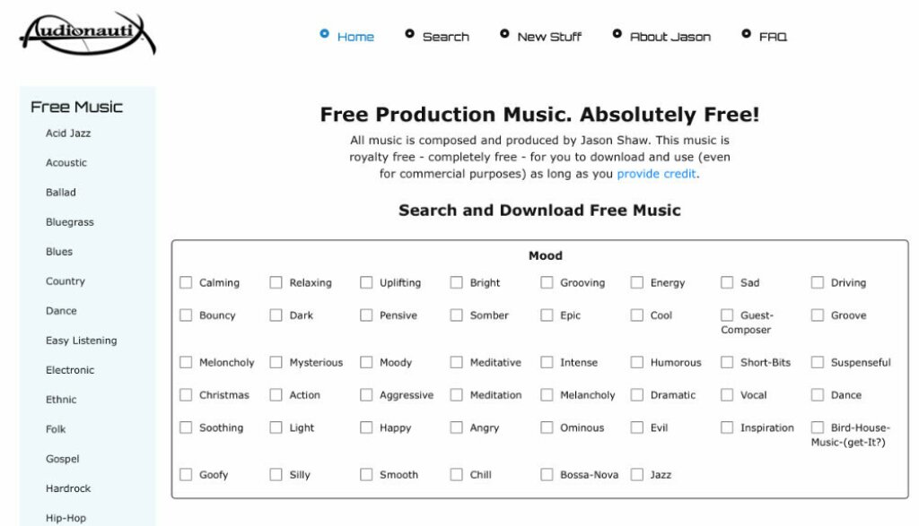 Screenshot of the Audionautix website, with many music categories to filter by.