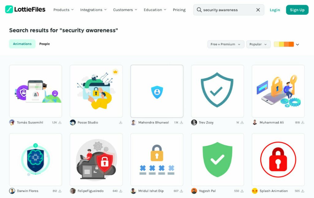 Screenshot from the LottieFiles website showing security awareness animations.