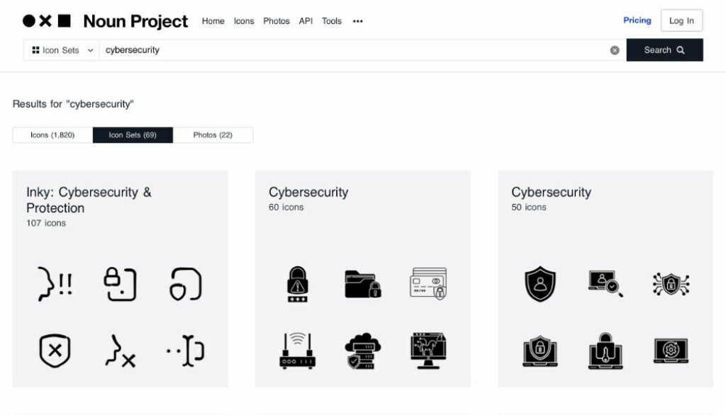 Screenshot of the Noun Project website, showing various icons within the cybersecurity category.